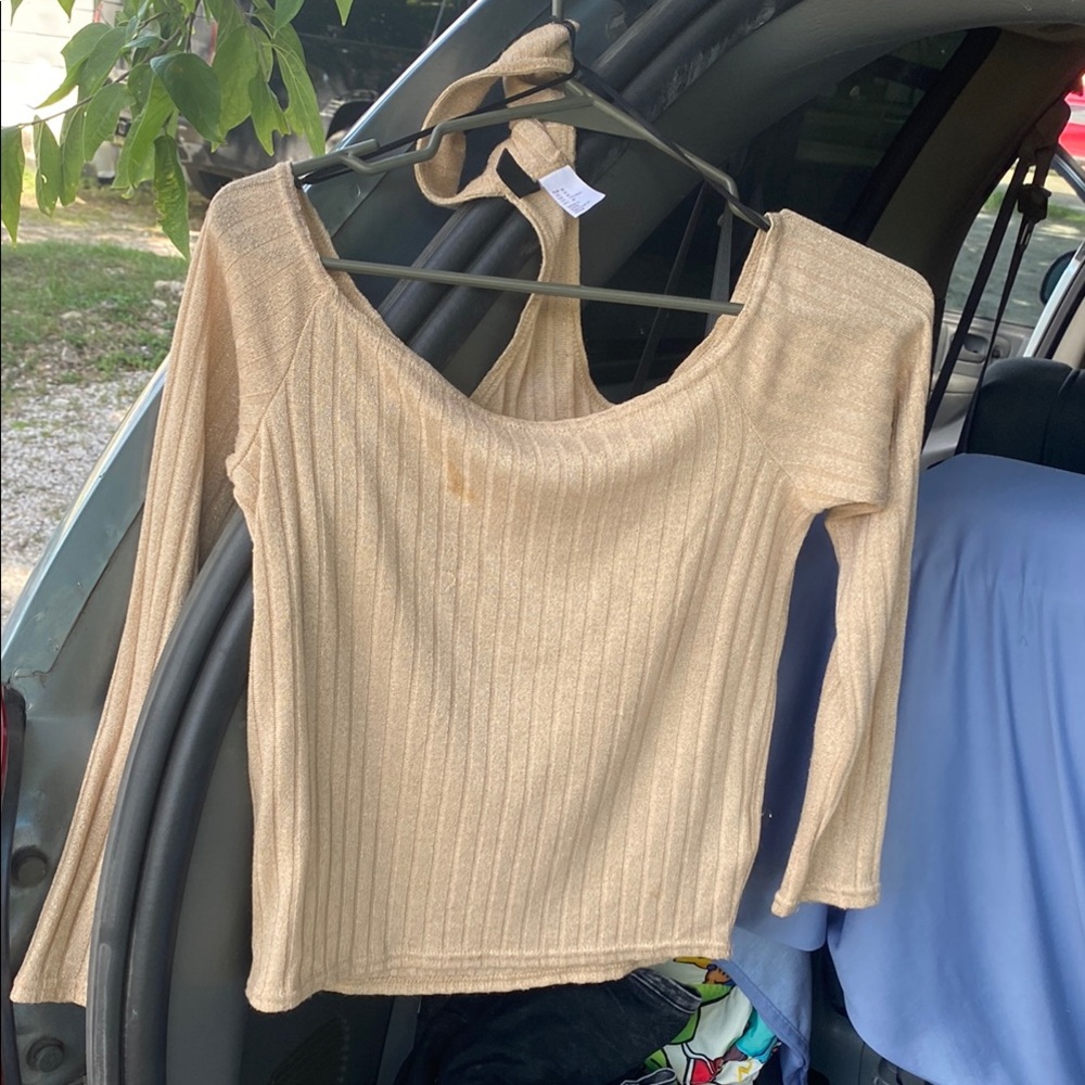 Beige Ribbed Long Sleeve Halter Top